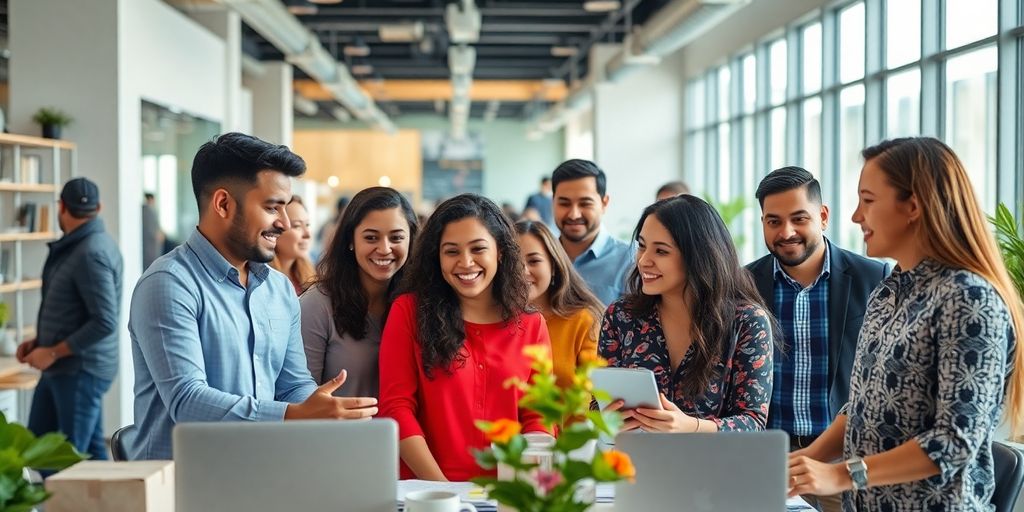 Personas hispanas trabajando juntas en un espacio de oficina moderno.