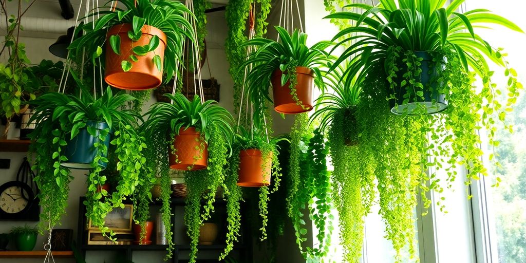 Lush indoor hanging plants in decorative pots.