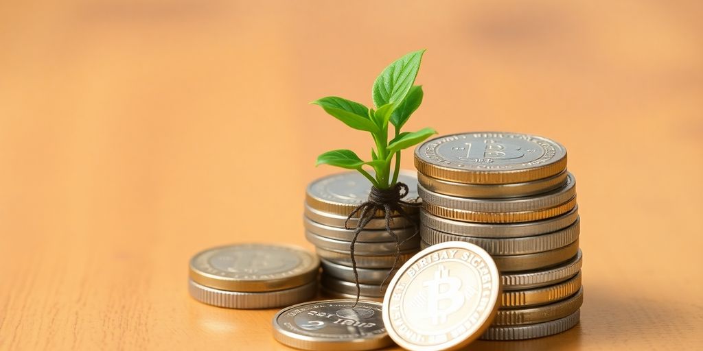Coins and plants on a wooden desk.