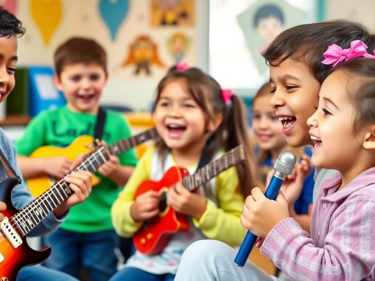 Copii jucând instrumente muzicale cu zâmbete.