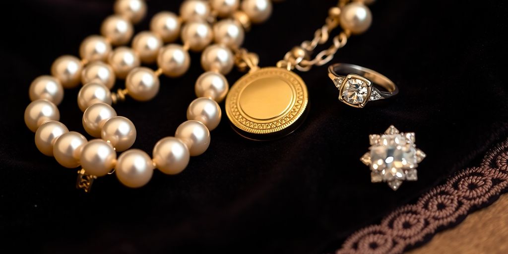 Bijoux anciens exposés sur un tissu soyeux foncé