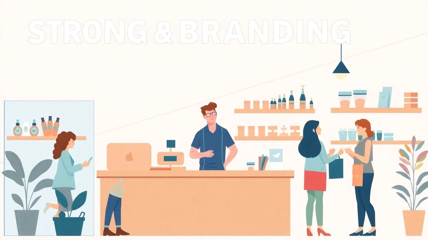 Illustrasjon av småbedriftseier og kunder.