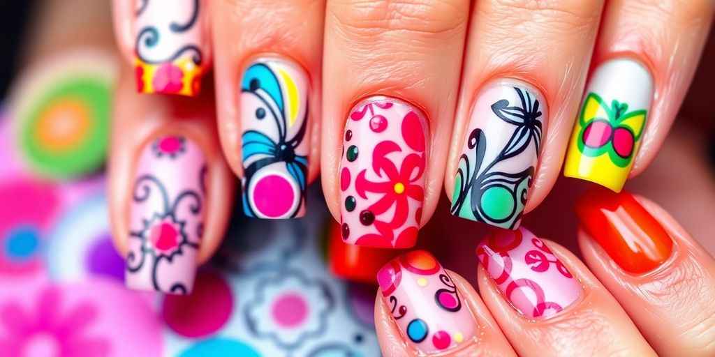 Unhas decoradas com designs artísticos e cores vibrantes.