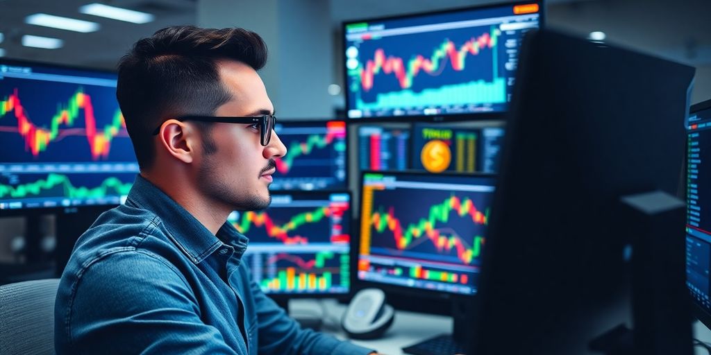 Best Crypto Prop Firms for 2025 For Trading Success 3 Trader immersed in cryptocurrency market analysis with screens.