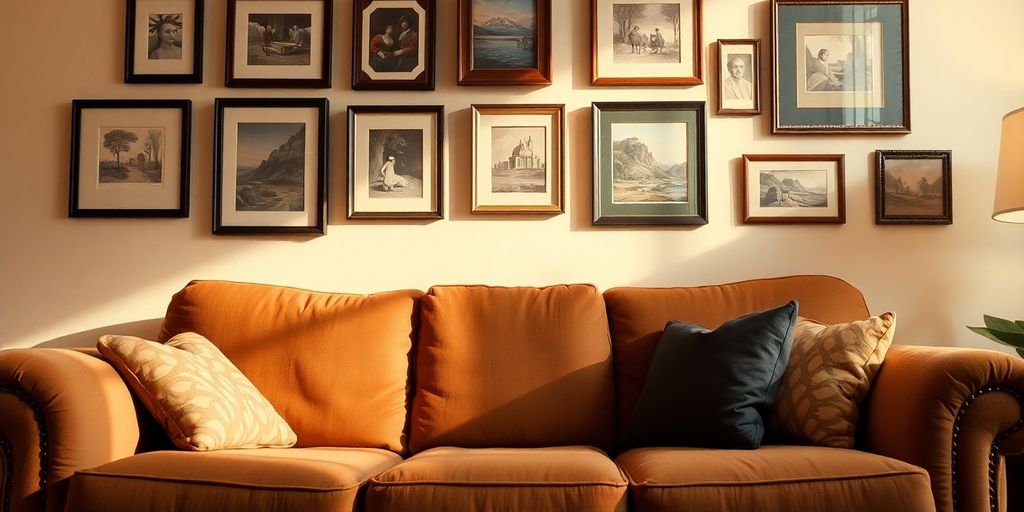 Cozy living room with stylish sofa and framed art.