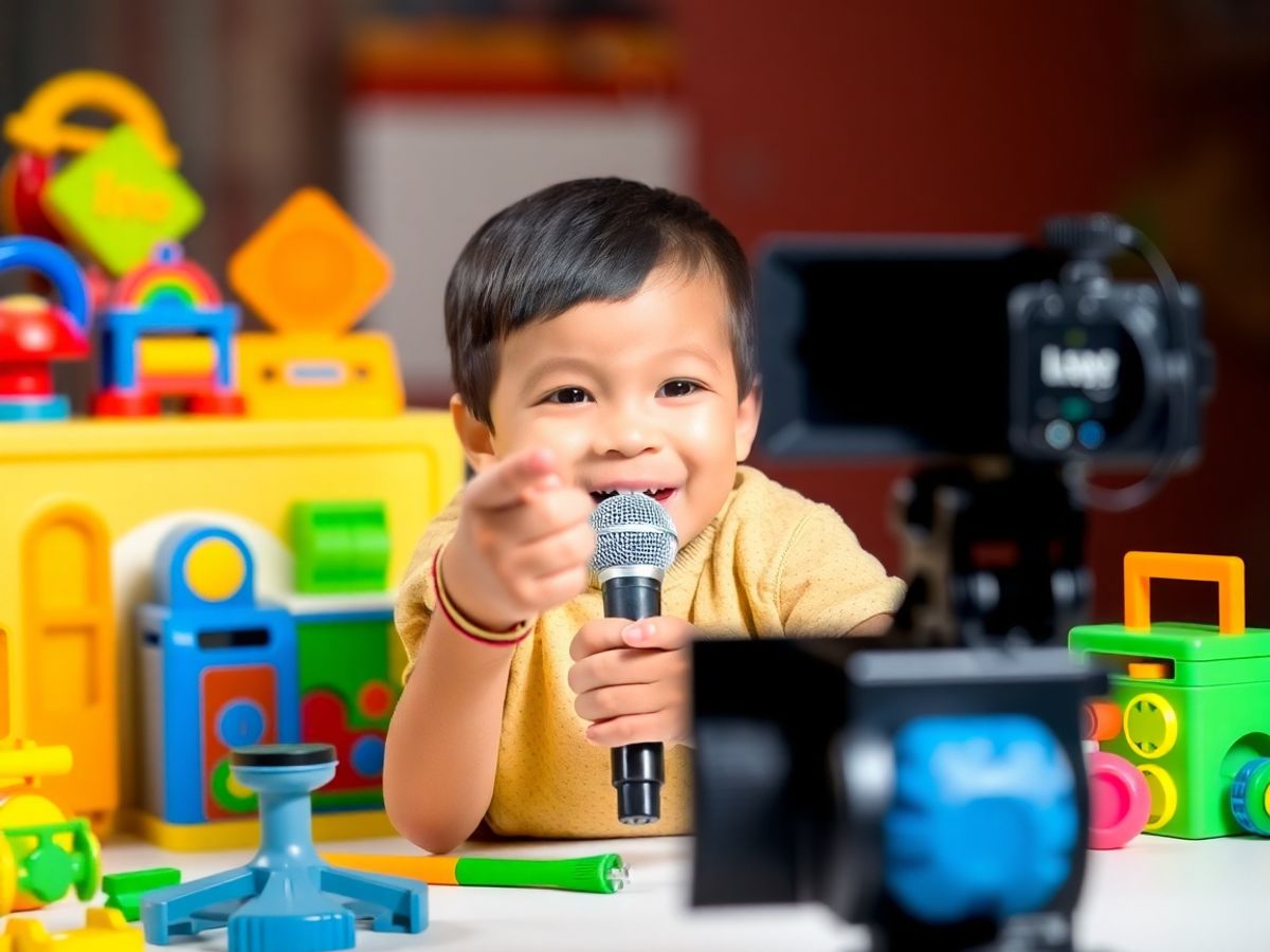 Copil zâmbind cu un microfon și cameră video.