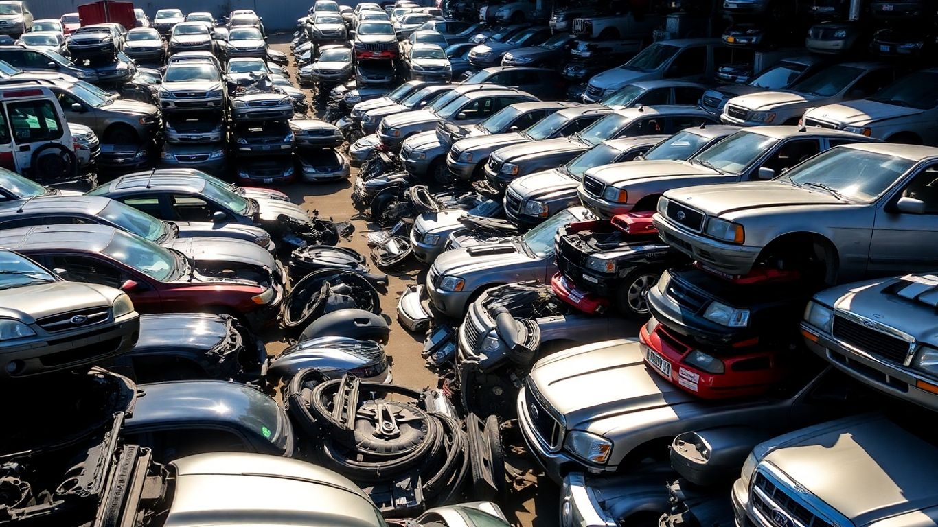 Rows of dismantled Ford vehicles and car parts in a salvage yard.