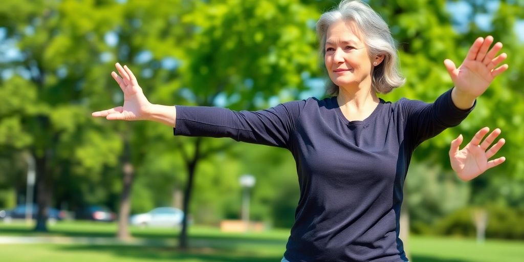 Senior woman practicing Tai Chi outdoors.