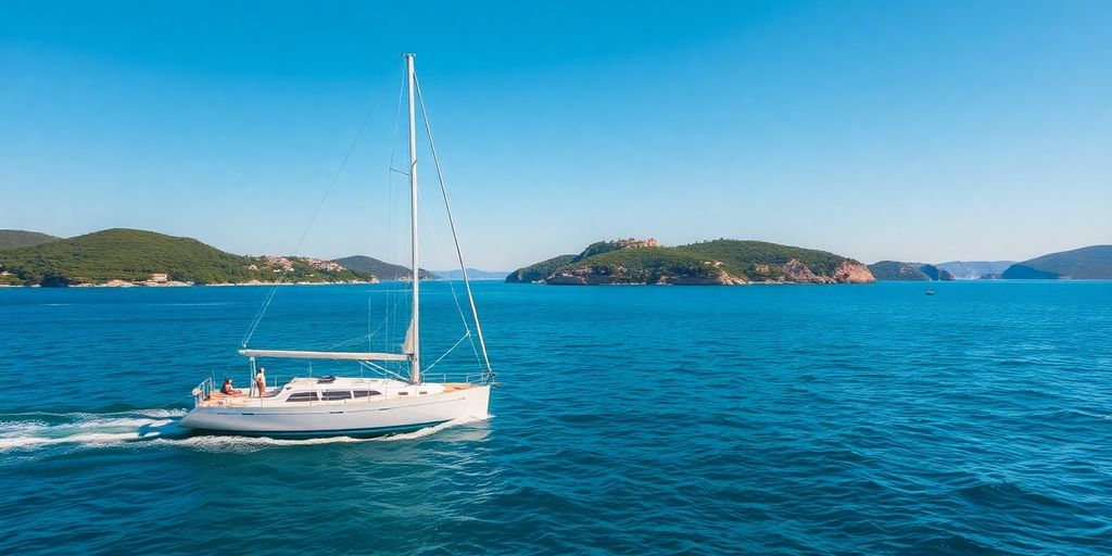 Sailboat on calm turquoise Mediterranean waters.