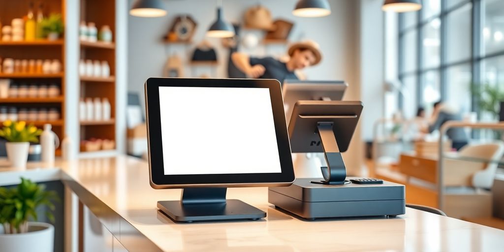 Modern POS terminal on retail counter with bright surroundings.