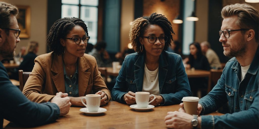 Group discussing relationship structures over coffee at a table.