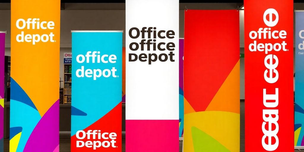 Colorful Office Depot banners hanging.