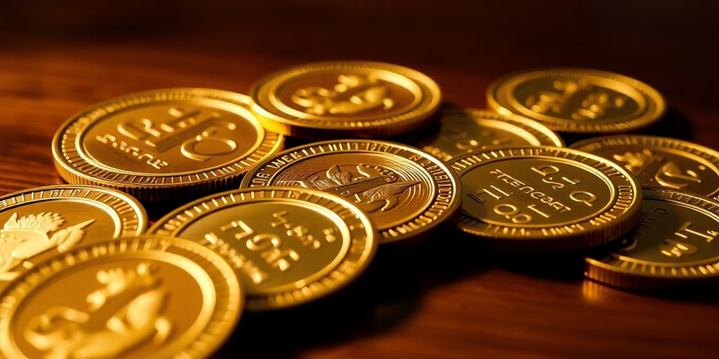 Pièces d'or numismatiques sur une surface en bois.