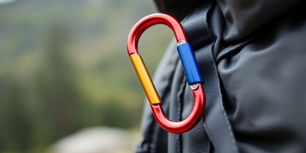 Colorful carabiner clipped onto a backpack in nature.