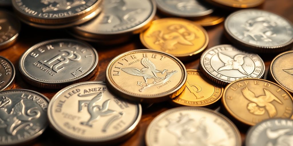 Close-up of assorted coins on a wooden table.