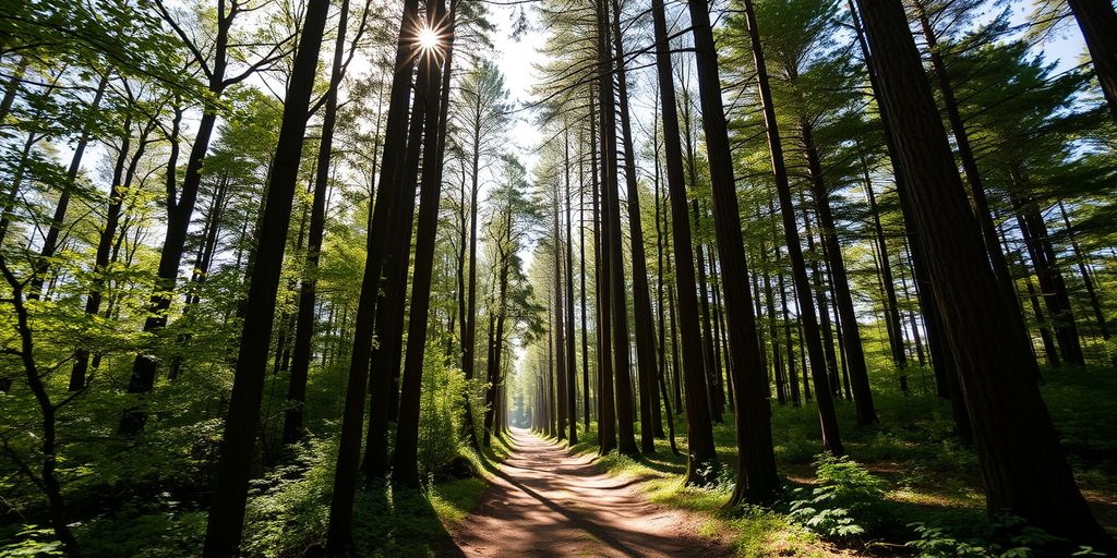 Forest path with sunlight filtering through trees