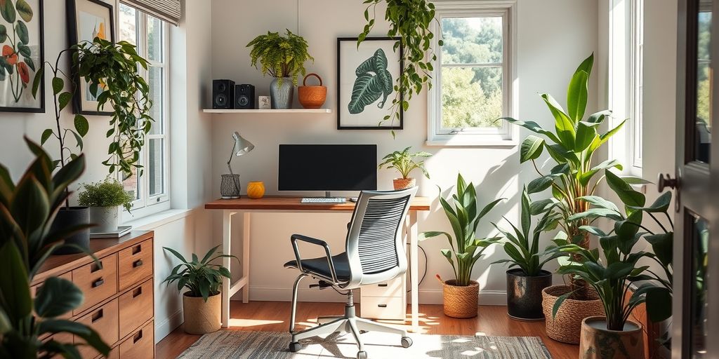 Cozy small home office with desk and plants.