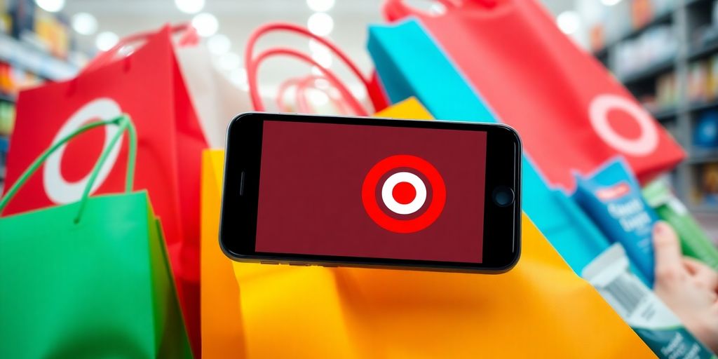 Smartphone with Target Sale App and shopping bags.