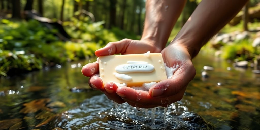 Hiker using goat milk soap in a natural setting.