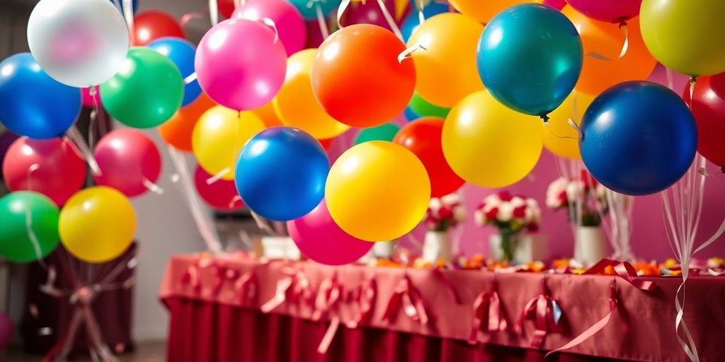 Festive party scene with balloons and decorations.