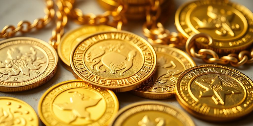 Bijoux et pièces d'or en gros plan.