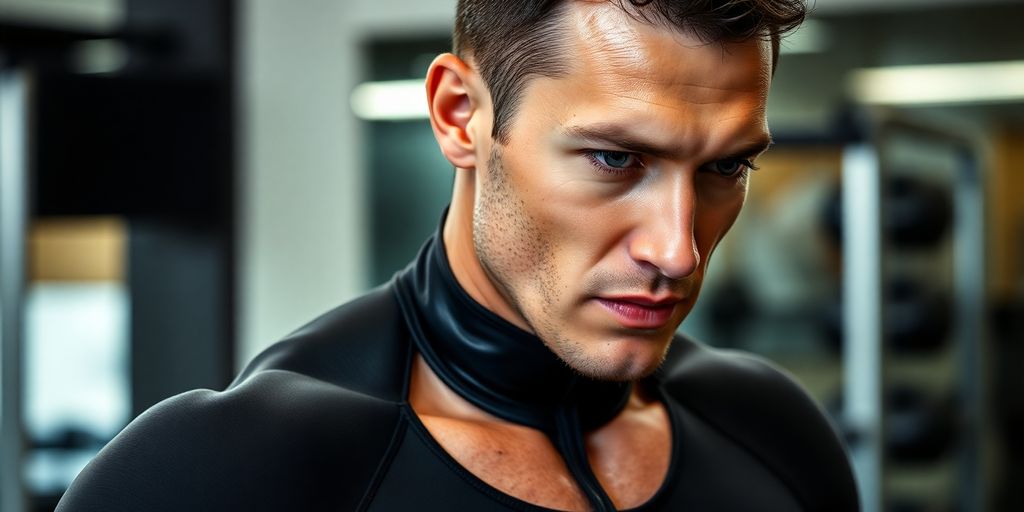 Sweaty man in sauna suit, exercising intensely.