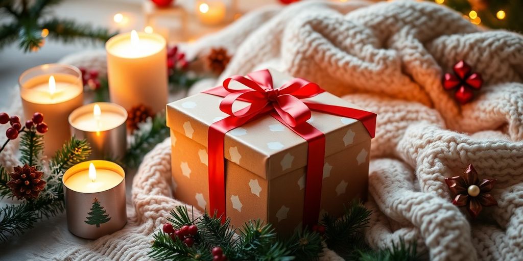 Cozy Christmas gift scene with decorations and a blanket.