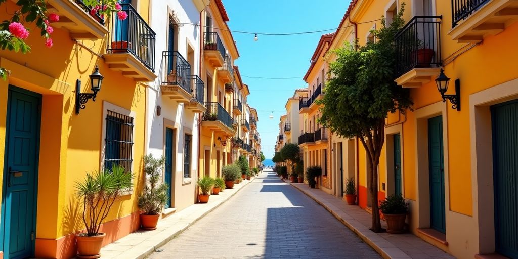 Färgglada hus i Alicante med blommor.