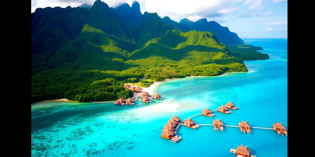 Overwater bungalows in Bora Bora turquoise lagoon.