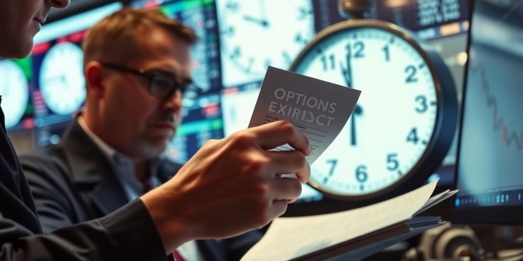 Trader examining options contracts with clock in background.