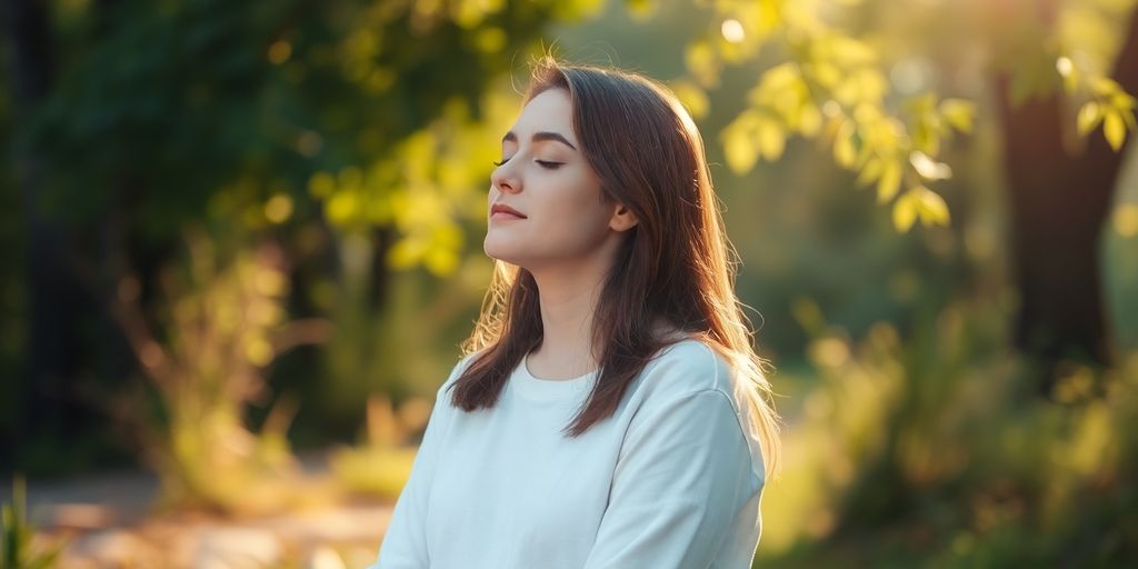Person calmly meditating outdoors.