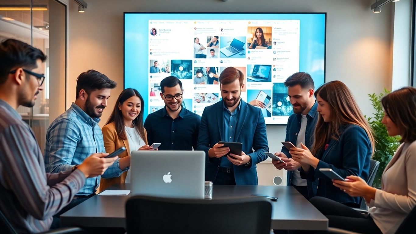 People working together with smartphones and laptops in office