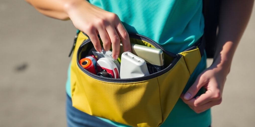 Homme souriant organisant son sac banane rempli d'accessoires.