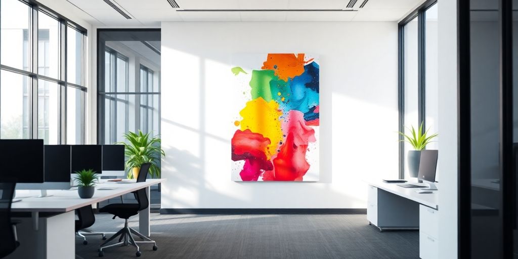 Modern office with abstract wall art.