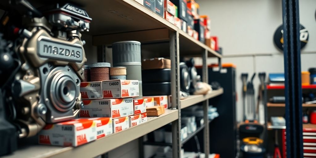 Mazda parts displayed on workshop shelves.