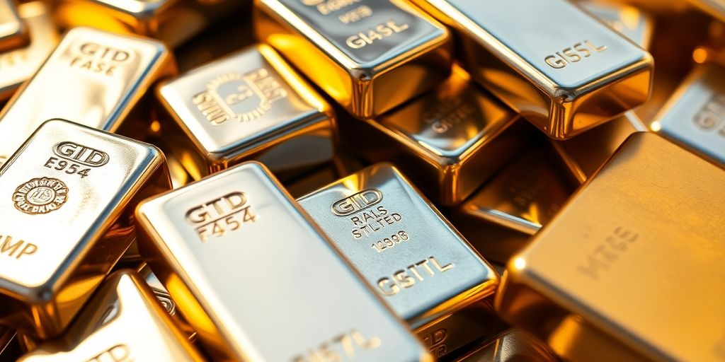 Lingots d'argent et d'or brillants sous une lumière chaude.