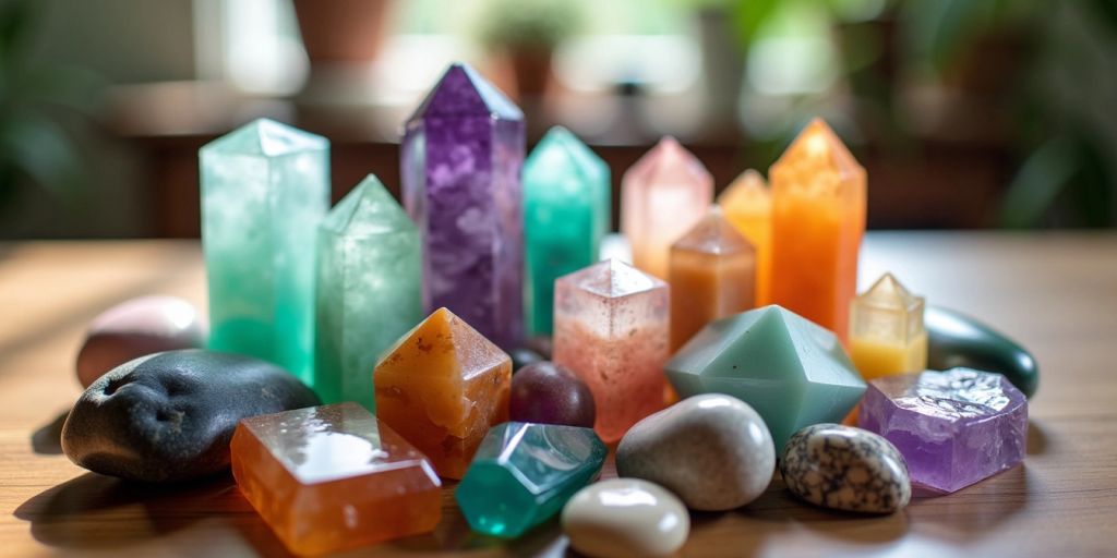 Cristalli colorati su un tavolo di legno