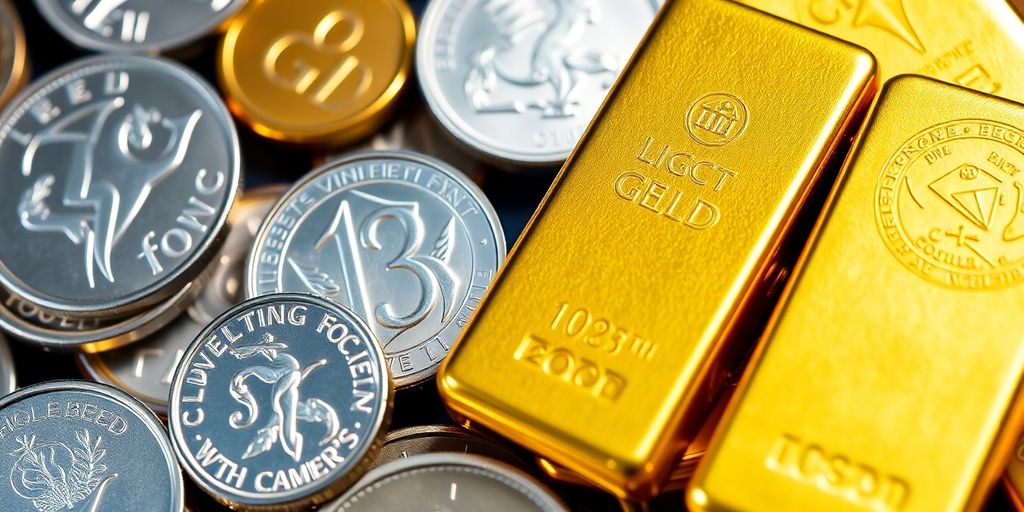 Lingots et pièces d'or et d'argent en gros plan.