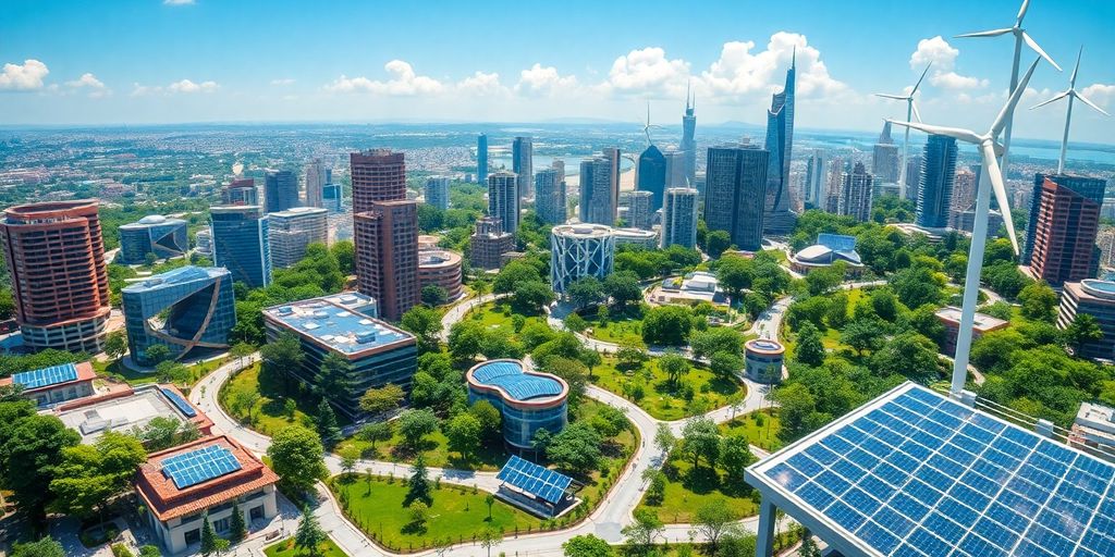 Futuristic cityscape with lush greenery and solar panels.