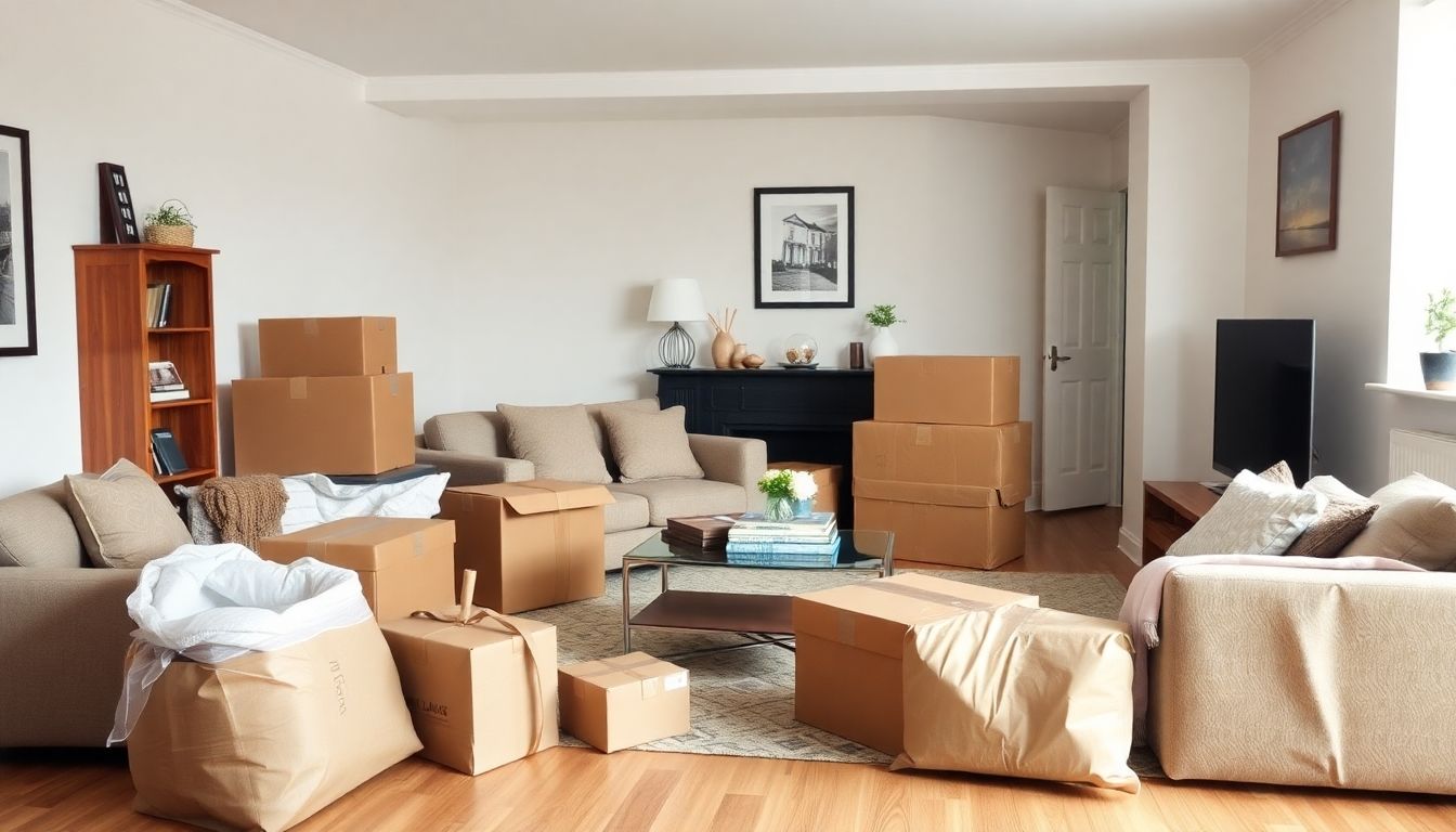 Tidy living room with boxes for house clearance.