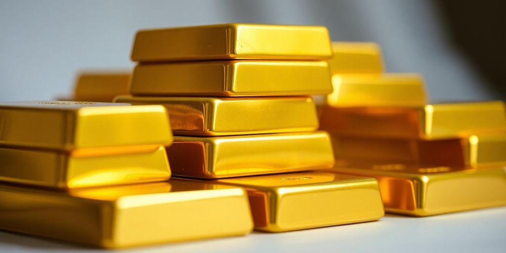 Barres d'or brillantes et empilées sur un fond flou.