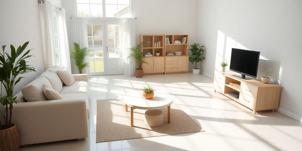 Sparkling clean home interior with sunlit rooms.