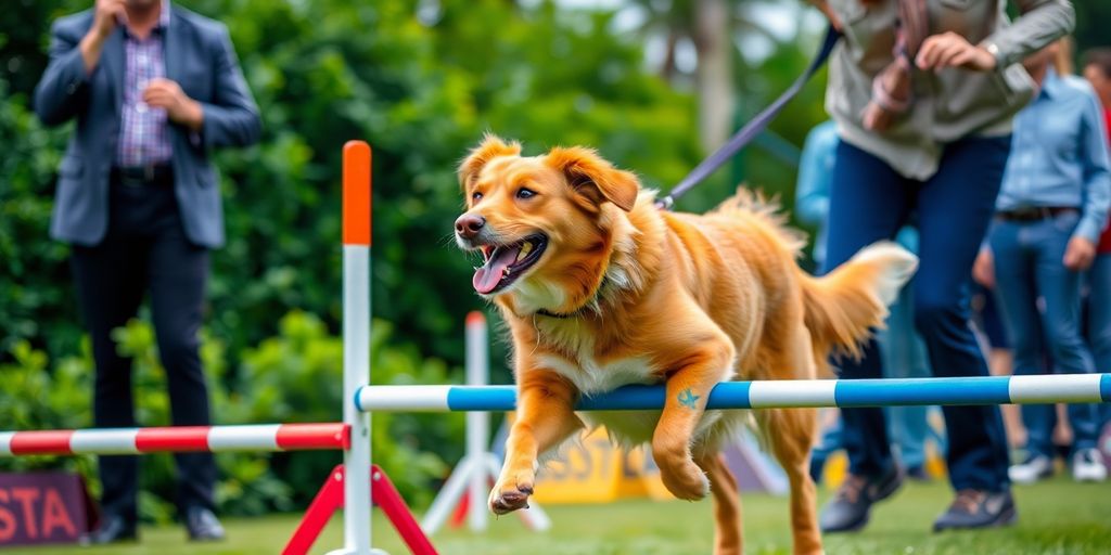 Dog navigating agility course with handler in competition.