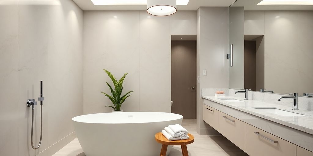 Luxurious bathroom, sleek fixtures, elegant tile, soft lighting, plush towels.