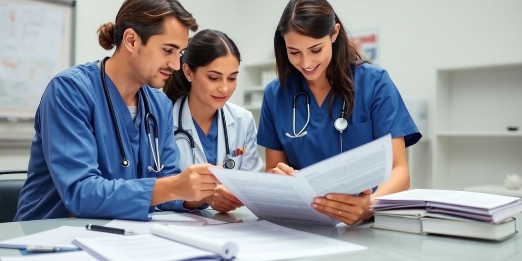 Profissionais de saúde colaborando na documentação clínica.