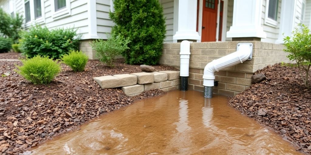 Water pooling around home foundation with gutters visible.