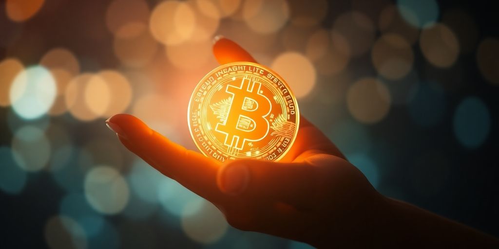 A person holding a glowing digital coin.