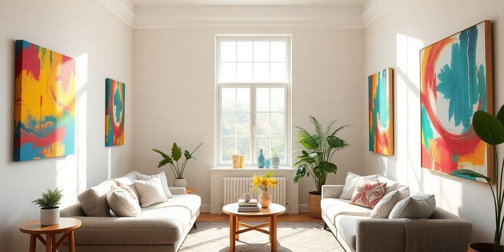 Sunlit room with vibrant, abstract paintings.