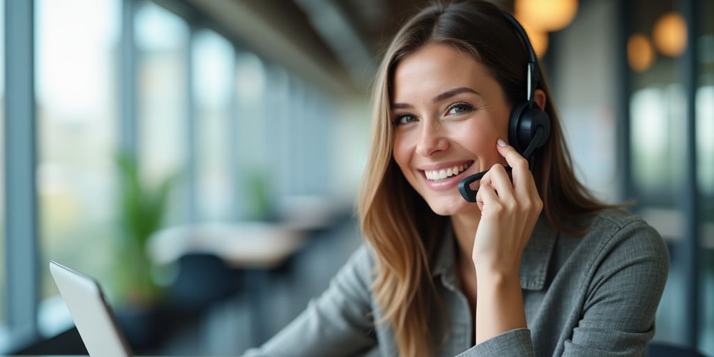 Customer service representative assisting via phone in an office.