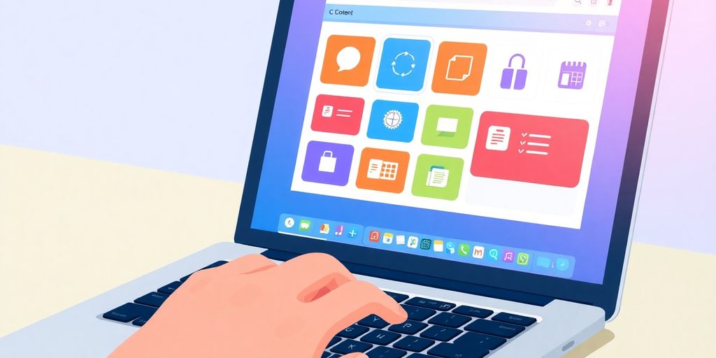 Laptop with colorful content management tools.